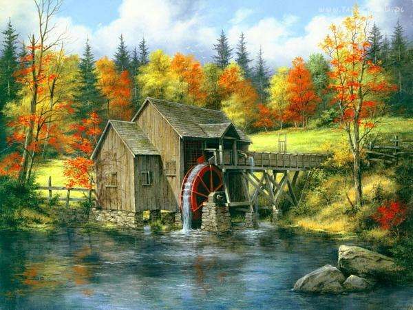 mill, water, meadow, forest jigsaw puzzle online