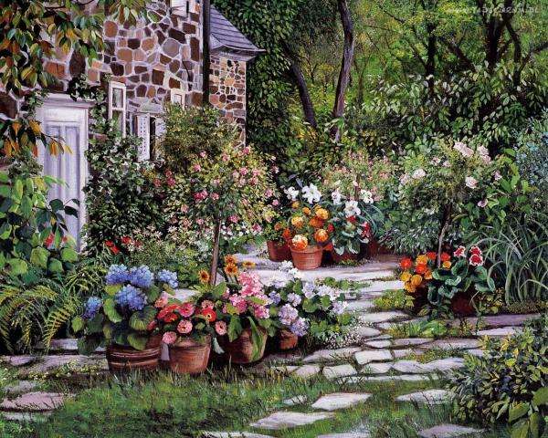 загородный дом, сад, цветы онлайн-пазл