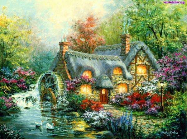 moinho, jardim, rio, casa puzzle online