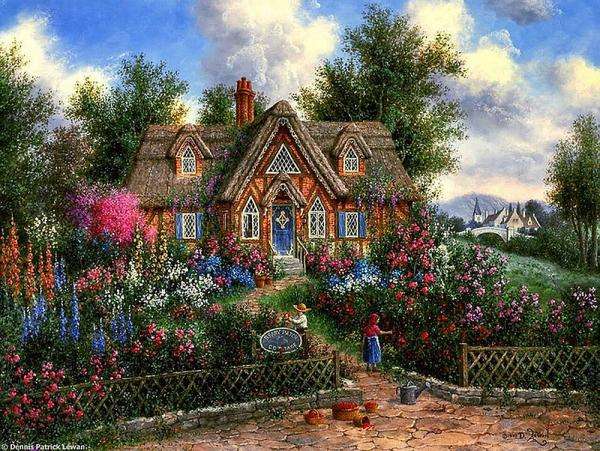 een kleurrijk huisje in een kleurrijke tuin legpuzzel online