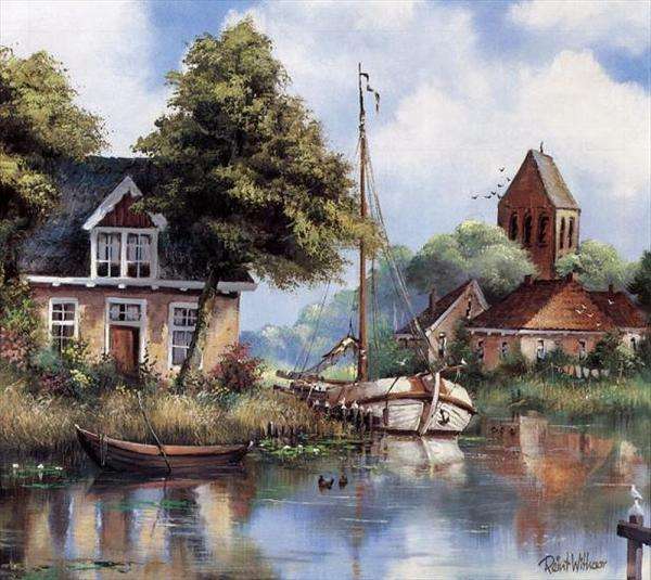 къщи край реката и лодка онлайн пъзел