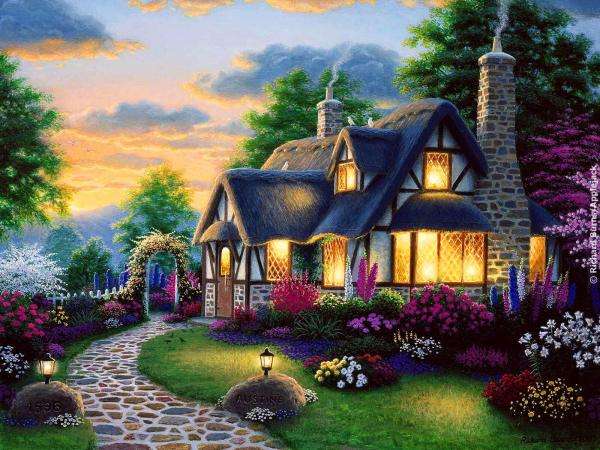 casa illuminata in giardino puzzle online