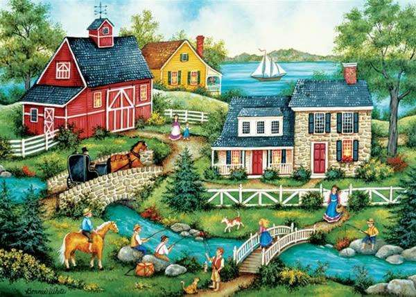 houses, carriage, horse, stream jigsaw puzzle online