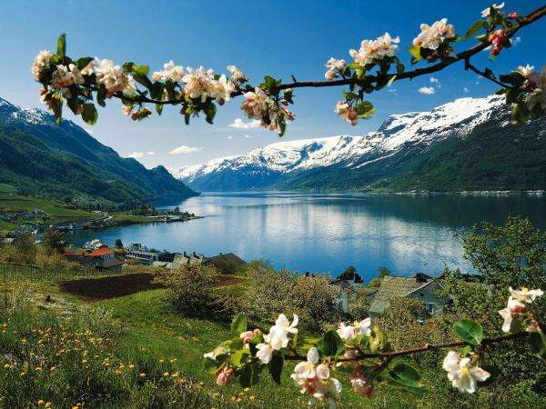 berg, sjö, blommande kvistar Pussel online