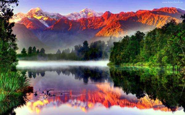 планини, езеро, мъгла, отражение онлайн пъзел