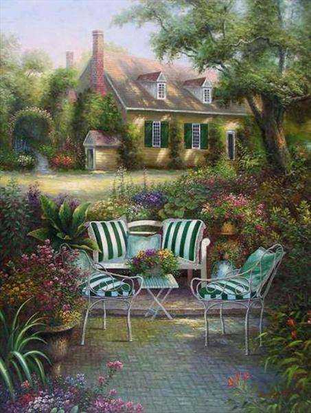 jardin, terrasse avec fauteuils, maison puzzle en ligne