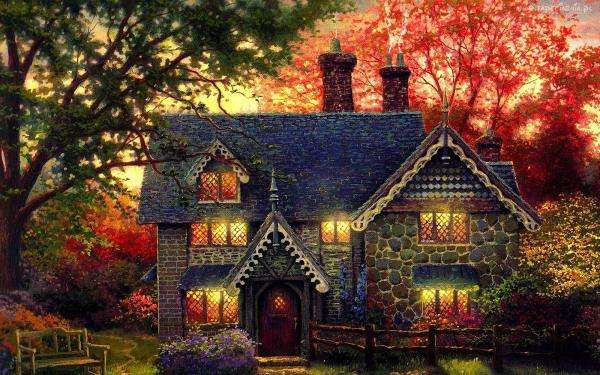 house, trees, garden, bench jigsaw puzzle online