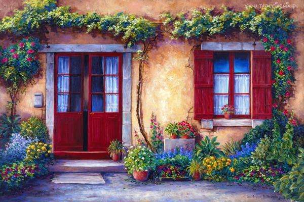 къща, прозорец, врата, цветя онлайн пъзел