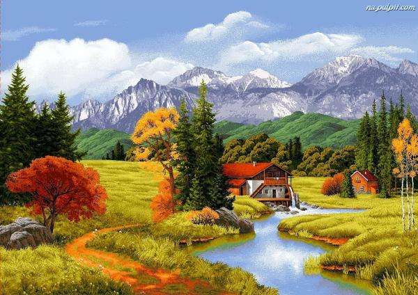 mountains, road, river, mill jigsaw puzzle online