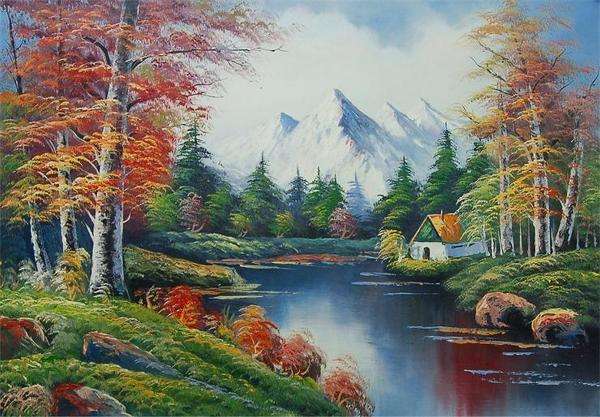 paisagem de outono com uma casa, montanhas quebra-cabeças online