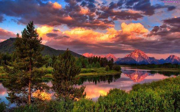 clouds, lake, trees, mountains jigsaw puzzle online