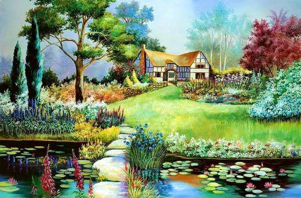 house pond tree flowers jigsaw puzzle online