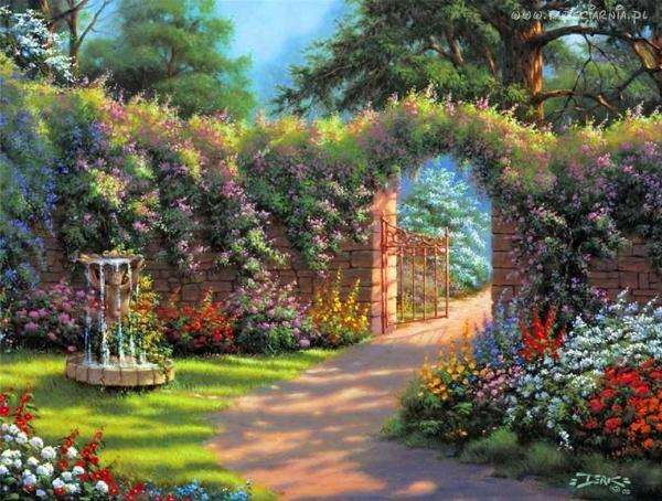 kert, kapu, zöld, virágok online puzzle