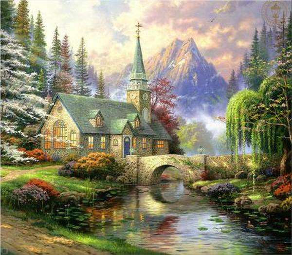 kis templom a hegyekben a patak mellett online puzzle