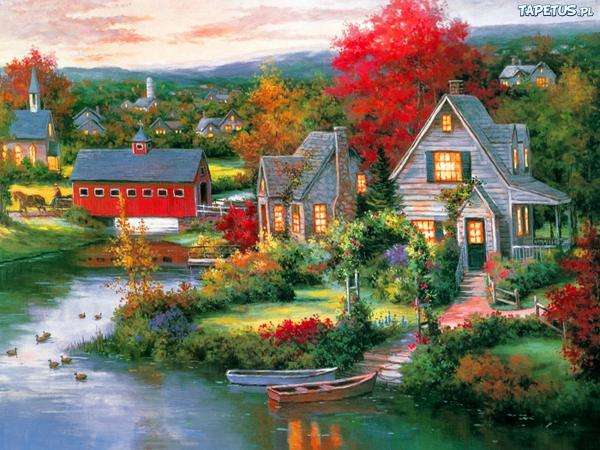 hus, flod, båt, träd Pussel online