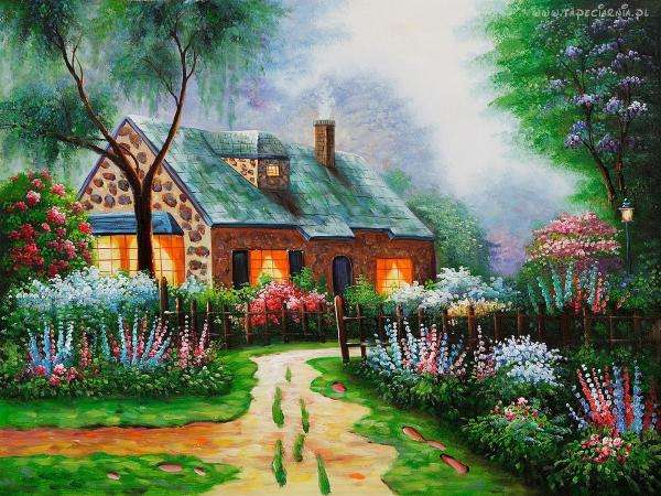house, alley, trees, flowers online puzzle