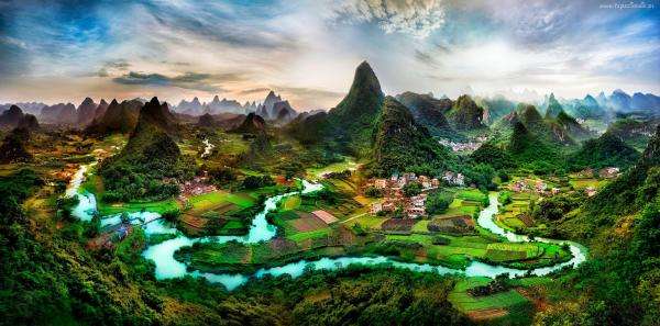 farmy, pole, řeka, Čína online puzzle