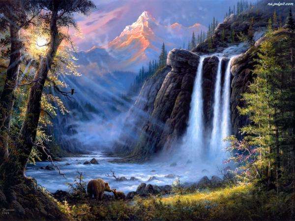 Berge, Wasserfall, Wälder Online-Puzzle