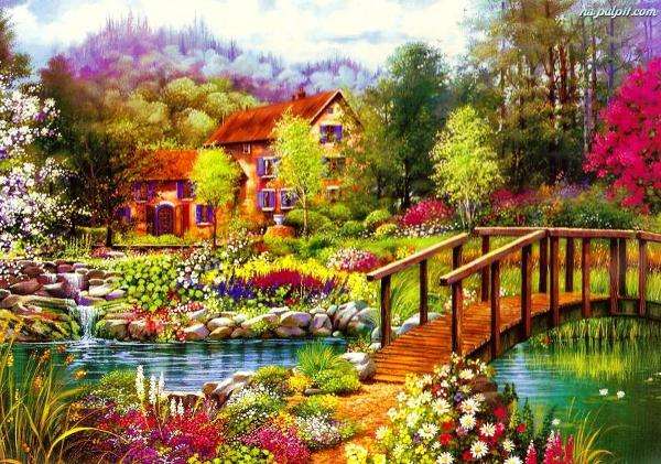 Blumen, Garten, Brücke Online-Puzzle
