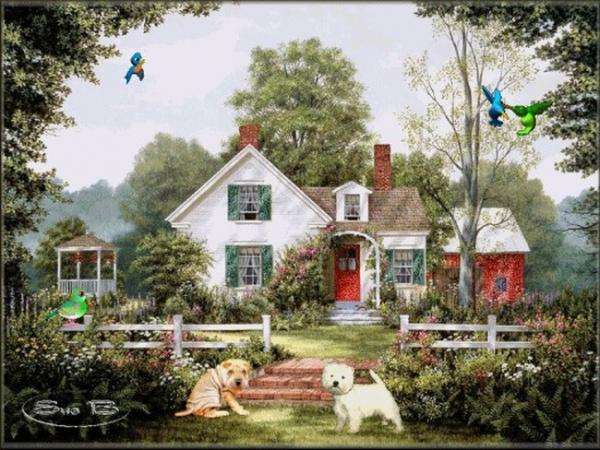 ház, kert, kerítés, kutyák online puzzle