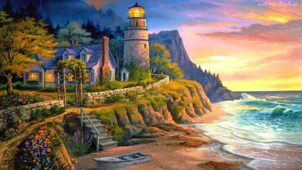 lighthouse, rocks, sea online puzzle