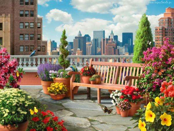 Terrasse, Panorama, Blumen, Sessel Puzzlespiel online