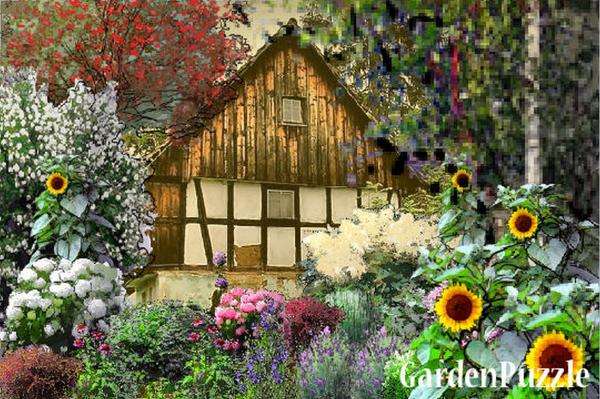 the front of the hut in a flower fence jigsaw puzzle