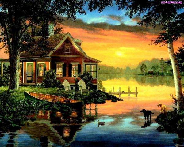zachód,jezioro,dom,pies puzzle