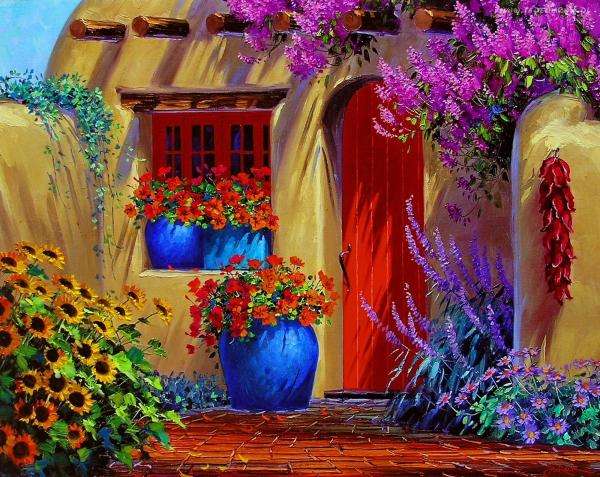 ζωγραφική: σπίτι, πόρτα, βάρη, λουλούδια online παζλ