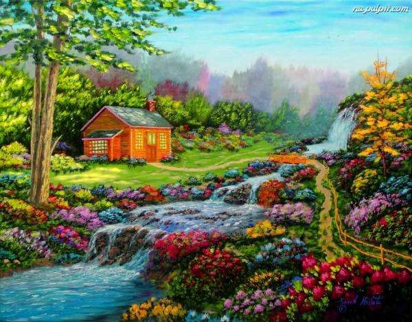cottage, stream, flowers, mountains online puzzle