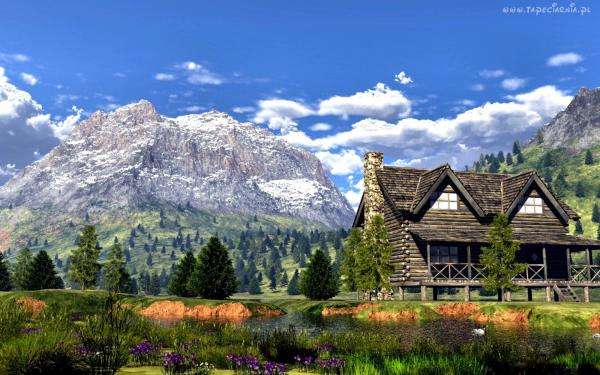 cabana de madeira sob as montanhas quebra-cabeças online
