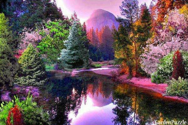 barevné stromy, rybník, hora skládačky online