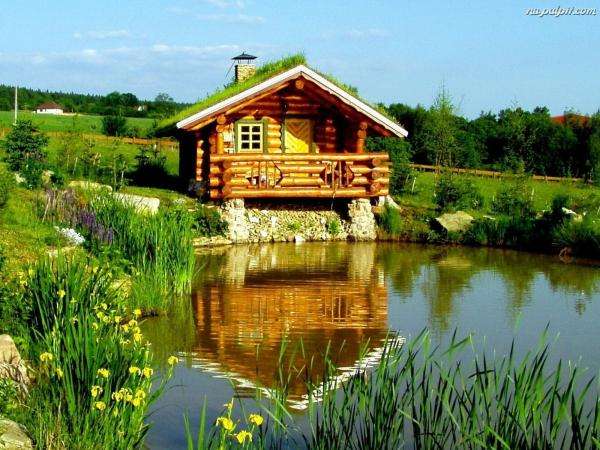 дървена къща, езерце, ракита онлайн пъзел