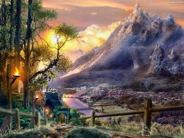 fantazie, hory, západ slunce skládačky online