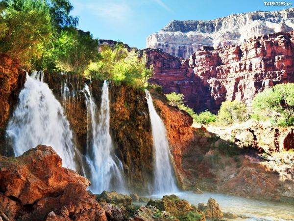 Felsen, Wasserfall, Wasserfarben Online-Puzzle
