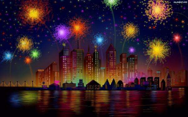 Feuerwerk, Nacht, Stadt Online-Puzzle