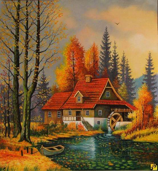 mill, river, trees, meadow jigsaw puzzle online