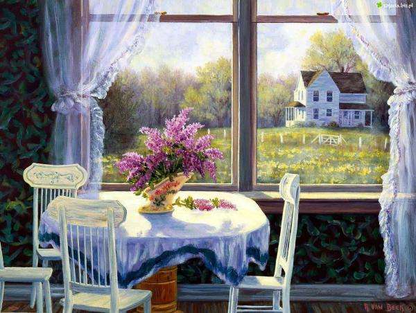 Blick aus dem Fenster, Tisch, Blumen Online-Puzzle