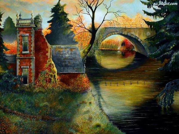 río, otoño, puente, casa rompecabezas en línea