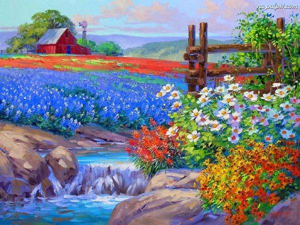 flowers, small river, house jigsaw puzzle online