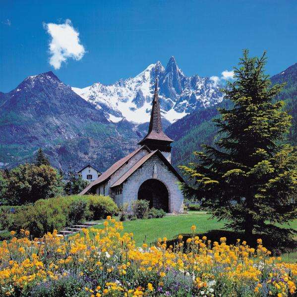 Алпийски пейзаж, малка църква онлайн пъзел
