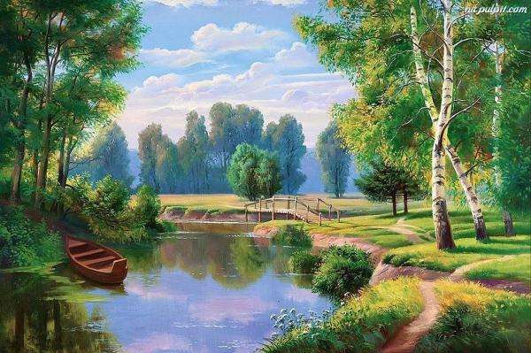 spring, pond, boat, trees jigsaw puzzle online