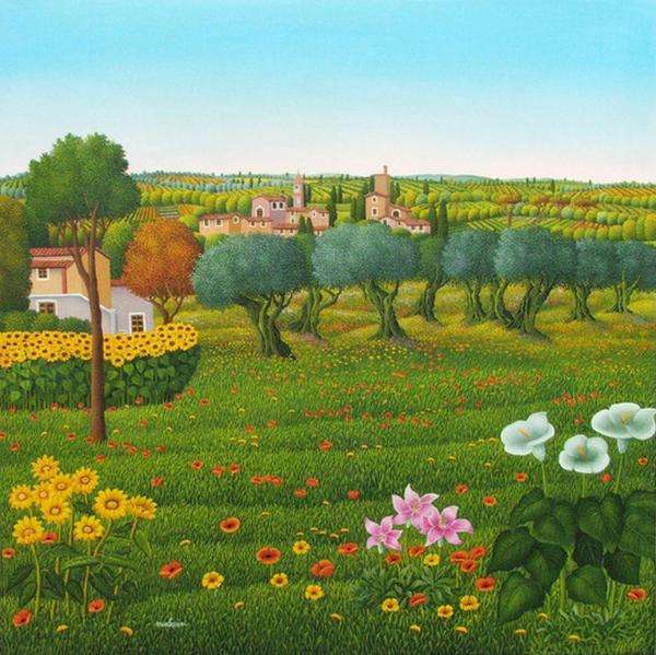 Tuscany, meadow, trees, flowers jigsaw puzzle online