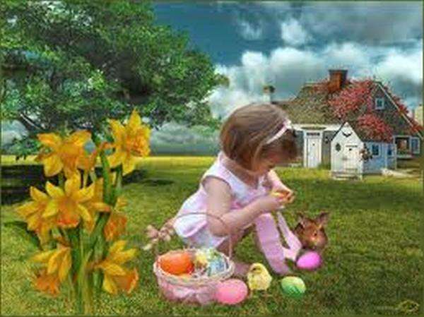 Mädchen, Kaninchen, Blumen, Online-Puzzle