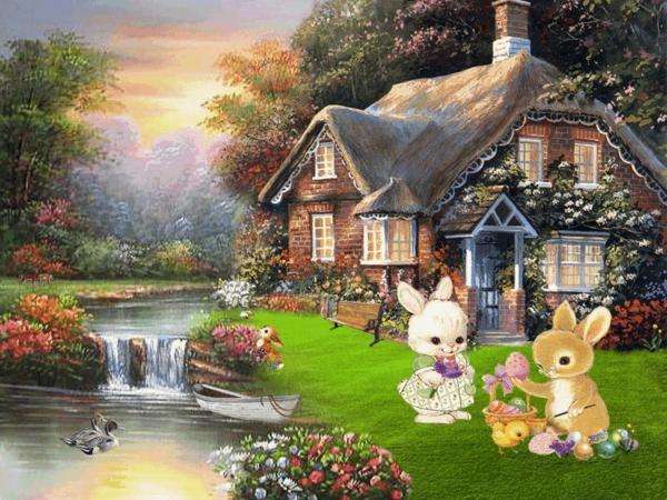 Easter,bunnies,house jigsaw puzzle online