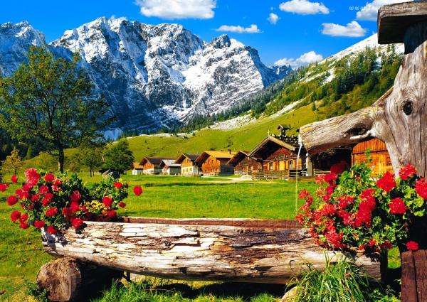 mountains, houses, meadows, trees online puzzle