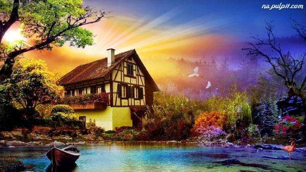 house, pond, rays, trees online puzzle