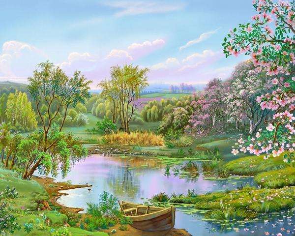 spring, lake, meadow, trees jigsaw puzzle online
