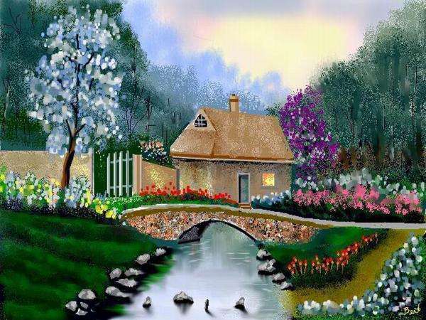 painting: house, trees, bridge jigsaw puzzle online