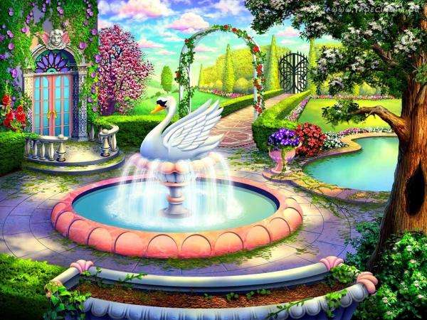 fountain, house, garden, path jigsaw puzzle online